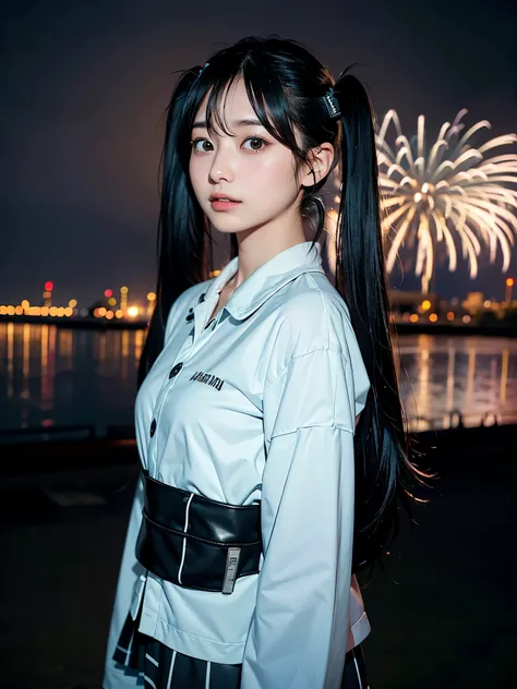 40-year-old Japanese woman、Black Hair、Hair is very short、Twin tails、Hatsune Miku Costume、Headphones、Flat Chest、Realistic photos、Realistic、8K quality、expensive、No bangs、Fireworks display、High resolution, Highest quality, Anatomically correct, Winner of nume...