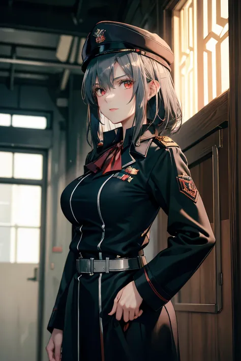 20-year-old beautiful,cool,woman Soviet officer,short silver half updo Wolf Cut hair,red eyes.tsurime,big breasts,a steady person,1940s,Wearing a dark green long coat and military cap, standing in an officers room