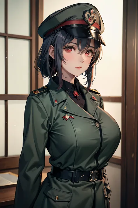 20-year-old beautiful,cool,woman Soviet officer,short silver half updo Wolf Cut hair,red eyes.tsurime,big breasts,a steady person,1940s,Wearing a dark green long coat and military cap, standing in an officers room