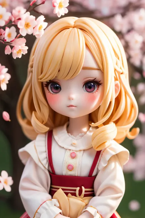 Porcelain doll standing in front of a painting、golden blonde hair、Casual Fashion、(Highly detailed illustration)、Flowing cherry-colored silk、Cherry blossom petals、Flowing cherry blossom silk、Strong bokeh、Changing Seasons!!