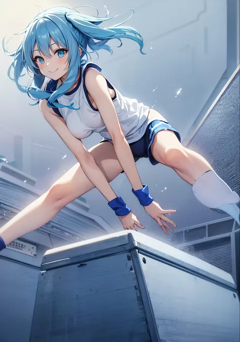 A beautiful girl with long light blue hair and twin tails, Wear gym clothes, Jumping on a vaulting box. Bright smile