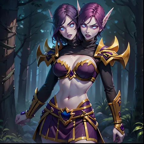 (1girl, purple hair, short hair, spiral eyes, angry, clenched teeth) (digital) (looking at viewer) (upper body) (standing), (Purple Forest background), (short skirt)) , best quality, blue eyes, pointy ears, colored skin, blue skin, cleavage, armor, Purple ...