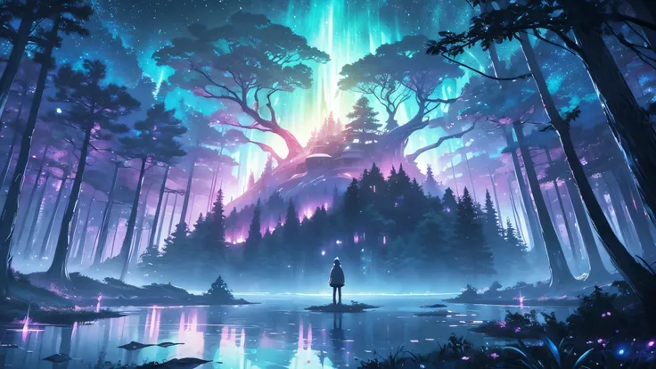 Magic forest in surreal anime style for ambient music cover. Giant trees with twisted trunks and luminescent leaves in pastel tones. A central clearing reveals a crystalline lake reflecting an impossible starry sky, with animated constellations and norther...