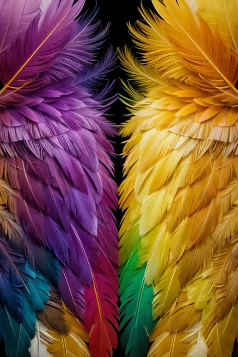 generates feathers on top of each other, of the following colors: yellow, greens, lilac, oranges, red and blue, an order, as if it were a zoom photo of a bird&#39;s wing, that look degraded, that the colors are very striking and bright, no birds, solo las ...