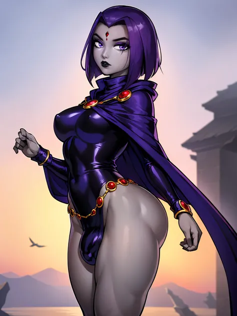 (solo:1.1),(masterpiece), (best quality:1.3), ultra detailed, intricate, professional art, digital art, absurdres, shadraven, (Full body view:1.1), 1girl, solo, (grey skin:1.4), dark purple hair, bob hair, purple eyes, hips wider than shoulders, pear shape...