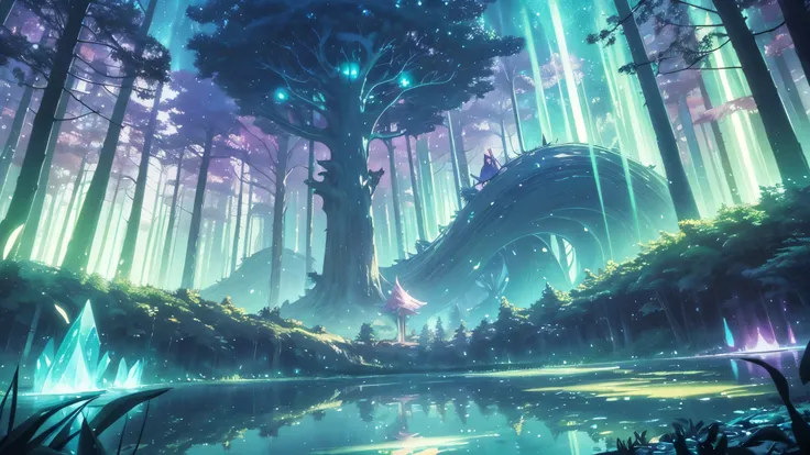 Magic forest in surreal anime style for ambient music cover. Giant trees with twisted trunks and luminescent leaves in pastel tones. A central clearing reveals a crystalline lake reflecting an impossible starry sky, with animated constellations and norther...