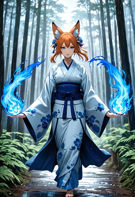 Masterpiece, Extremely detailed, , close distance shot, (A beautiful kitsune woman walking in a rainy forest holding a small ball of blue fire), facing viewer, dynamic pose , fox ears, nine fox tails, traditional Japanese clothing. 