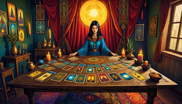 a painting by lisa parker of her interpretation of a deck of tarot cards laid out on an ancient divination table. the scene is i...