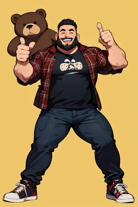 one man, 30 years old, thick beard, thumb ups, laughing, burly, chubby, bear, full body, black T shirt, plaid jacket, stylish sneaker, red trouser, posing for a picture, lovely