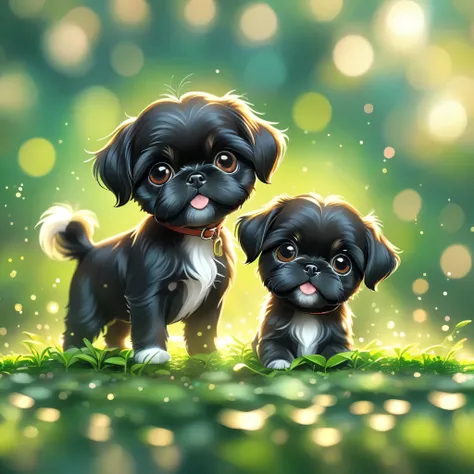 (masterpiece, best quality:1.2), 2 adorable small solid black Shih Tzu puppies on green background, cute numbersArt, Lovely and detailed digital art, 4k hd illustration wallpaper, Cute numbers, Blurred dream illustration, 4k hd wallpaper illustration, Cute...