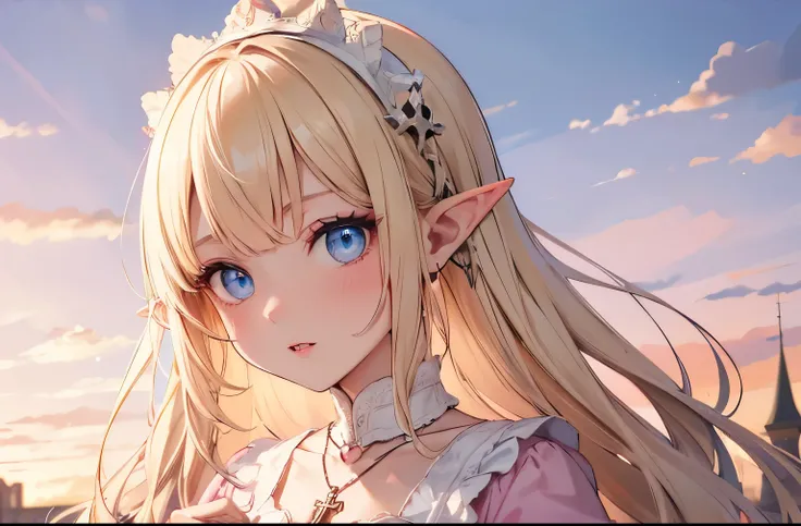 masterpiece, best quality, one girl, vampire, pointy ears, symmetrical bangs, neutral expression, vintage clothing, cross necklace, blue eyes, inside a castle, no hands, scattered blonde hair, pink clothes with white details, close face, cute pose , pink s...