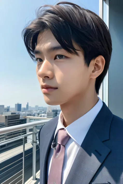 Highest quality, masterpiece, Ultra-high resolution, (Realistic: 1.4), Original photo, wallpaper, Head Photo, skin, Simple Background, Iris, detailed, Selfie, 1 boy, 18-year-old, good looking, Wind,rooftop、suit