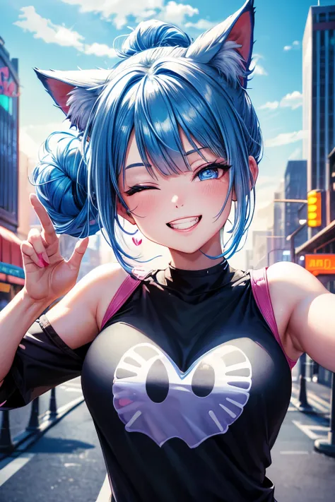 Best Quality, High Resolution, Perfect Human Structure, Focus on Background, Neon Color, looking up at viewer, Blue Hair, ponytail, bun head, shiny hair, cat ears, smiling heart shaped eyes, side bangs, shiny hair, upper teeth, winking, gradient eyes T-shi...