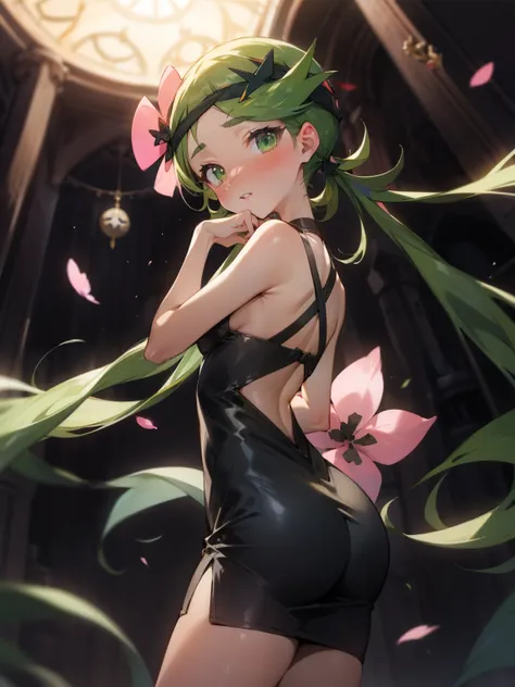 1girl, zodiac_mallow, solo, lovely small breasts, solo, green hair, long hair, twintails, headband, pink flower in hair, green e...