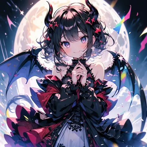 Masterpiece、Black Hair、Delicate eyes、smile、Tied up hair、Black wing,(((Devil)))、Gothic lolita,Upper Body、night、full moon