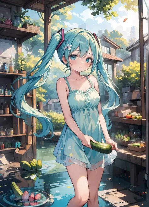 (masterpiece、Highest quality、Highest quality、Official Art、Beautiful and beautiful:1.2)、(One girl:1.3)Hatsune Miku、Twin tails,Beautiful breasts,Detailed Background, masterpiece, Highest quality, One girl, hatsune miku, Blue Hair, Twin tails, pickled vegetab...