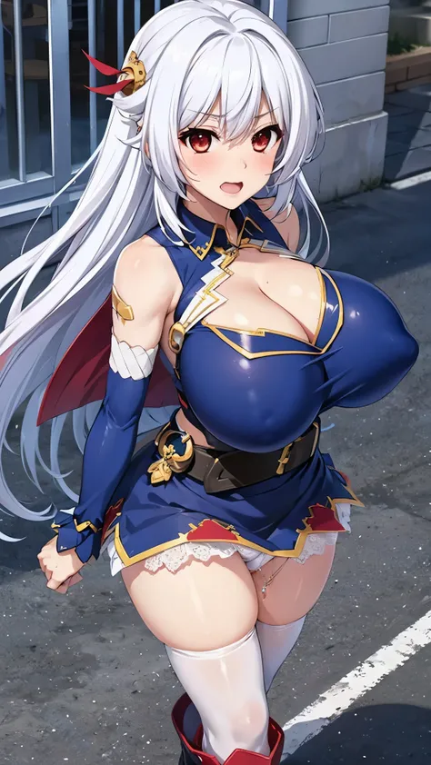 best quality,1girl,((big breasts:1.5)),curvy,orgasm,ahegao,blush,EleonoraViltaria, red eyes, white hair, long hair, bangs, sidelocks, hair ornament, blue crop top, cleavage, golden ornament, shirt collar, blue sleeves past elbows, skirt, belt, red boots,mi...