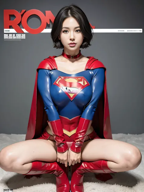 masterpiece、Rubber Supergirl Costume、short hair、Red rubber long boots、Big and ample breasts、looking at the camera、choker、Long sleeve、Cape、mini skirt、Off the shoulder、Sweaty skin、Hospital room、Photo magazine cover、Boasting beautiful legs、Pose on a yoga ball...