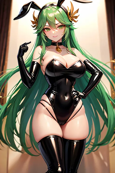 Palutena, anime, black skintight latex bunny suit, gold jewelry, metal choker, standing, seductive look, smirk, full body picture, assymetrical thighighs, bridal gauntlets, green hair