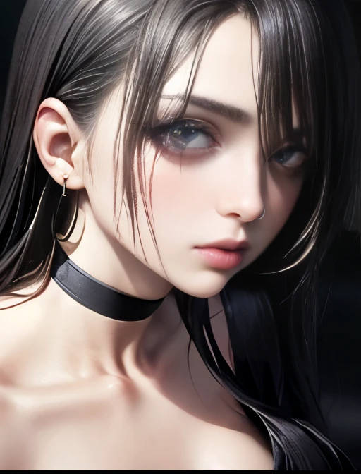 Depth of bounds written, detailed eye, ((CG illustration)), ((face focus)), ((masterpiece)), ((8K)), ((super detailed)), ((Super high quality)), ((cinematic)), ((Photoreal)), ((close up shot)), (solo), (cool girl), very long hair, straight hair, (((thin bo...