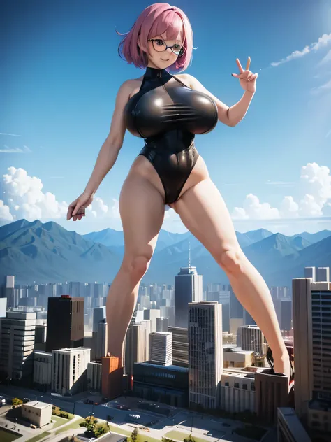 multiple girls, giantess art, highly detailed giantess shot, giantess, most detailed, perfect face, two legs, five fingers, short hair, beautiful girl bigger than a skyscraper, wearing rimless glasses, smiling, huge breasts, swimsuit, stiletto heels, under...