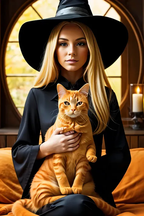 beautiful witch with blonde hair and an orange cat