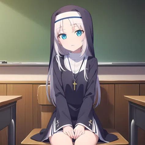 mariatakayama, maria takayama, long hair, blue eyes, fang, aqua eyes,
BREAK jewelry, heart, necklace, nun, habit, white short skirt
BREAK indoors, classroom, seated on desk
BREAK (masterpiece:1.2), best quality, high resolution, unity 8k wallpaper, (illust...