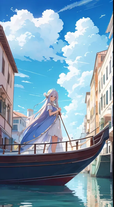 Aria the animation, gondola , Vanis, wallpaper, white building background, blue water , white clouds in the background, fantasy style , pastel colors ,vivid