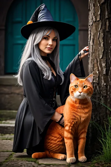 beautiful witch with gray hair and an orange cat