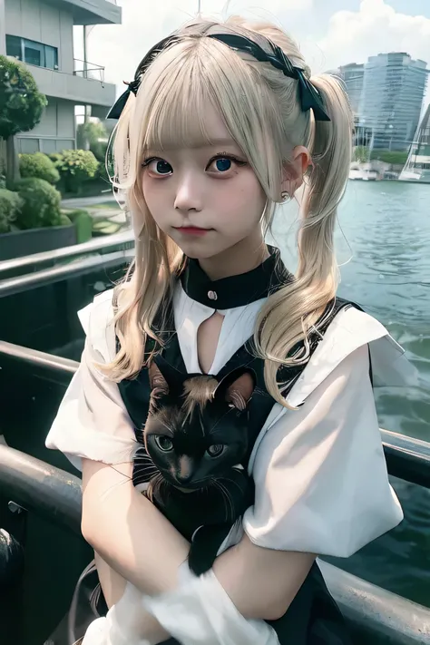 One girl, blond twin-tail hair, wearing a black sailor suit (shiny fabric, looks wet), holding a cat, sunny harbour town in the background.