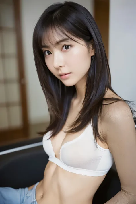 Masterpiece, ((A professional gravure photograph)), ((highest quality)), ((One Girl,alone))), Clear contours, Skinny Japanese woman, 30 years old, beautiful face, (((Beautiful Eyes)), small breasts, very thin waist, lifting buttocks, Anatomically correct b...