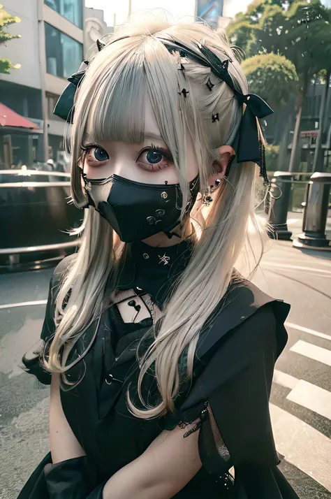 One girl, blonde twin-tail hair, wearing a black gothic dress (shiny fabric, feels wet), lots of metal accessories, sunny park in the background.