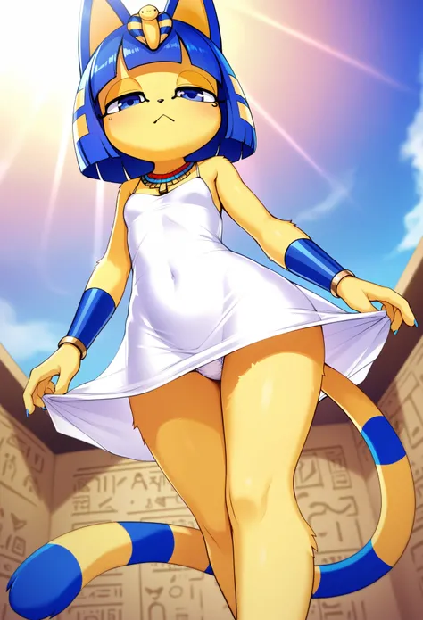 [isaCrossing], [Isabelle; Animal Crossing], [Uploaded to e621.net; (Pixelsketcher)], kemono, dagasi, solo female ankha (animal crossing) with ((tiny and short body with yellow fur)), (full body), (blue hair), (blue eyes), (yellow and blue striped cat tail)...