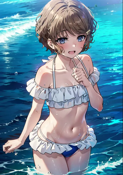 tomoekoga, Chie Koga, short hair, Brown Hair, blue eyes, Hair Clip,Bikini swimsuit with ruffles,barefoot,Water Play,Wet Skin,Wet Hair,Wet swimsuit,happy smile, smile, Open your mouth,
break outdoors, Ocean,
break looking at viewer,Upper Body, (Cowboy Shot:...
