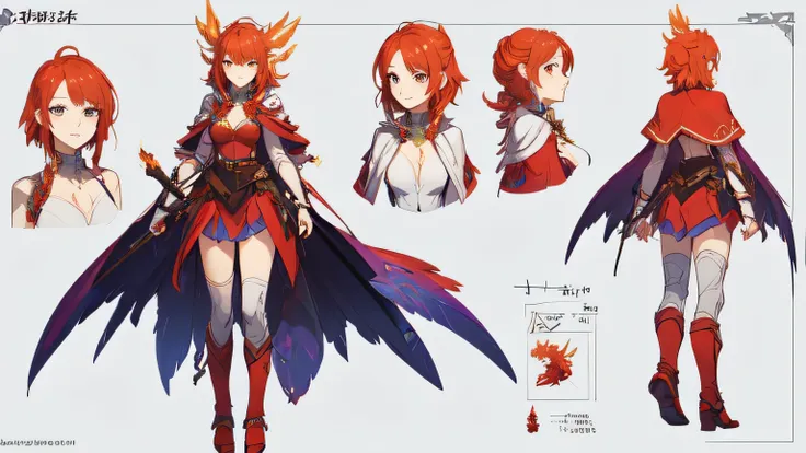 (Masterpiece, best quality), detailed, 1girl, ((character concept art)), ((character design sheet, same character, front, side, back)), many items, (Aveline has fiery red hair that seems to flicker like flames, and her eyes are a bright, burning amber. She...