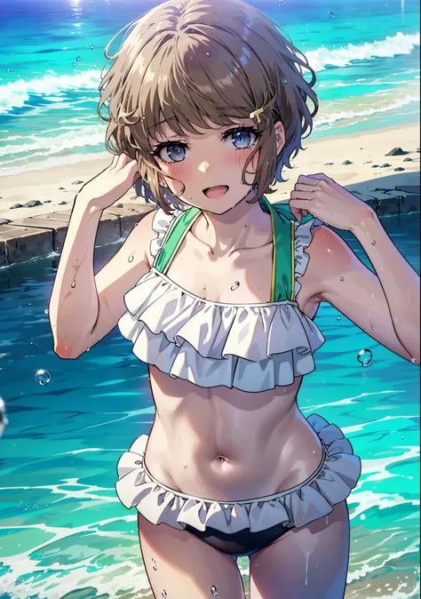 tomoekoga, Chie Koga, short hair, Brown Hair, blue eyes, Hair Clip,Bikini swimsuit with ruffles,barefoot,Water Play,Wet Skin,Wet Hair,Wet swimsuit,happy smile, smile, Open your mouth,water droplets,
break outdoors, Ocean,Sandy Beach,
break looking at viewe...