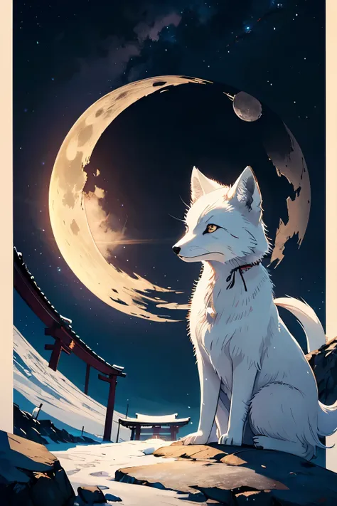 arctic fox。High resolution、High resolution、8k、The background is a torii gate and the moon。Masterpiece 2: