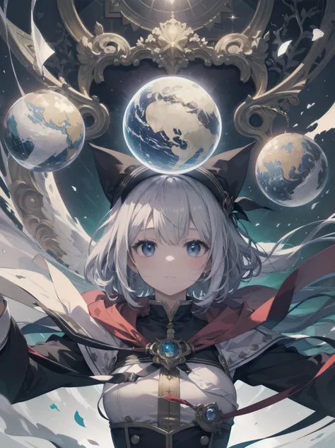 Masterpiece, illustration, high quality, 100 trillion ppi, high quality, dynamic angle, "student looking into silver sphere", silver sphere, looking into, curious, expectant, student, official art, super detail