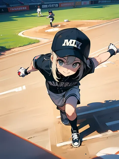 from above,dutch angle,Girl baseball player, smile, baseball cap, baseball players clothes, spiked shoes,baseball stadium,Baseball diamond,slim,running,