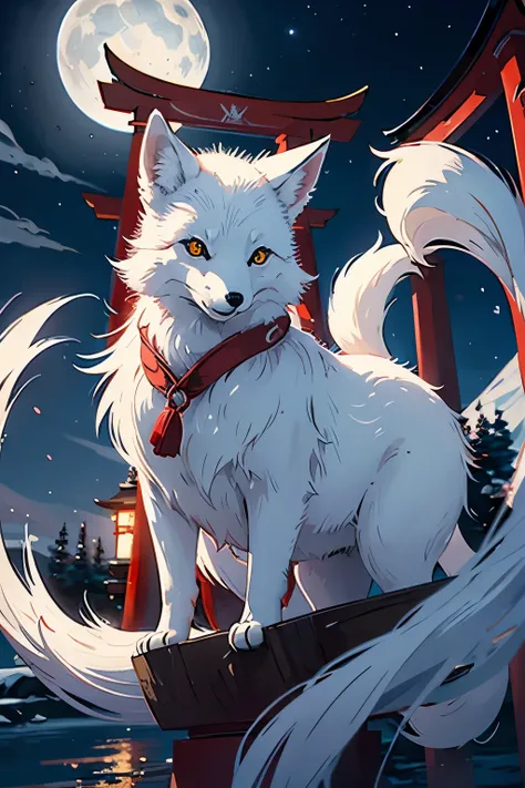 arctic fox。Fox spirit。A fox wearing a red apron。High resolution、High resolution、8k、The background is a torii gate and the moon。Masterpiece 2: