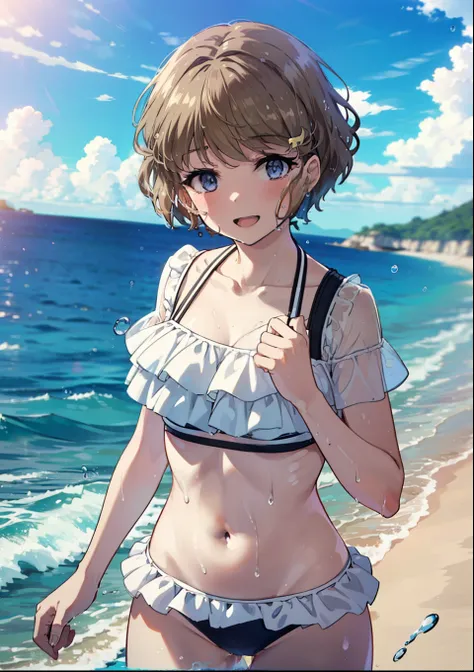 tomoekoga, Chie Koga, short hair, Brown Hair, blue eyes, Hair Clip,Bikini swimsuit with ruffles,barefoot,Water Play,Wet Skin,Wet Hair,Wet swimsuit,happy smile, smile, Open your mouth,water droplets,
break outdoors, Ocean,
break looking at viewer,Upper Body...