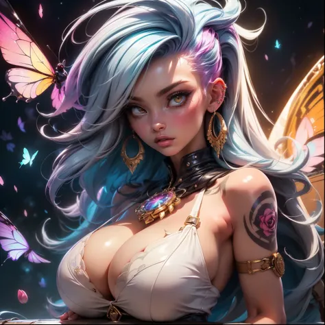 (masterpiece, top quality, best quality, official art, beautiful, cosmic, atmospheric, psychedelic, dreamlike and aesthetic:1.2), (1girl, platinum white punk rock mohawk hair, tons of tattoos and piercings, super huge enormously gigantic tits), extreme det...