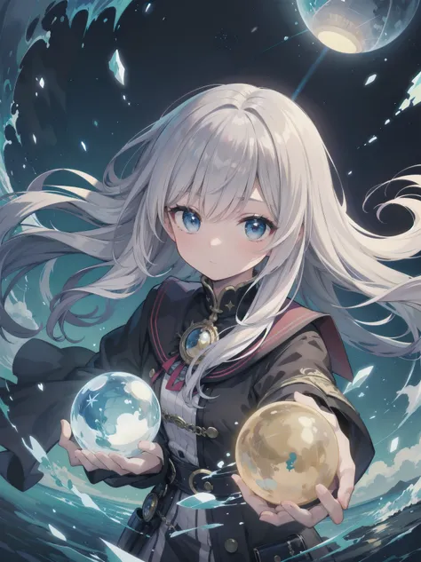 Masterpiece, illustration, high quality, 100 trillion ppi, high quality, dynamic angle, "student looking into silver sphere", silver sphere, looking into, curious, expectant, student, official art, super detail