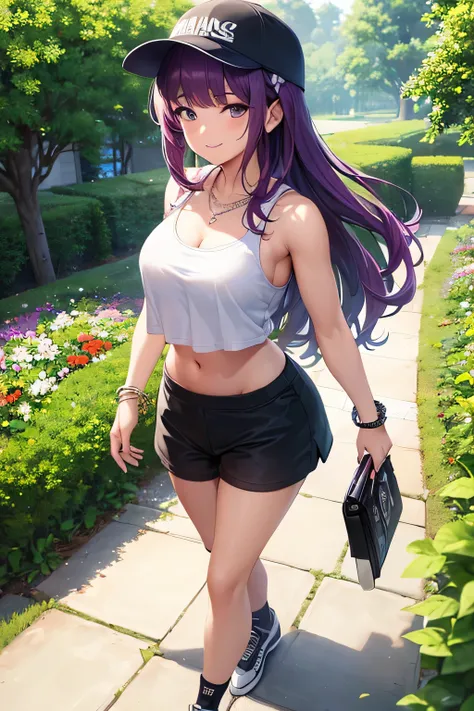 ((masterpiece, best quality, ultra-detailed)), 1girl, beautiful confident woman walking through a garden, smiling, pink tank top, midriff, bracelet, necklace, long black skirt, white sneakers, black socks, wearing headphones and brim cap, full body, wavy p...