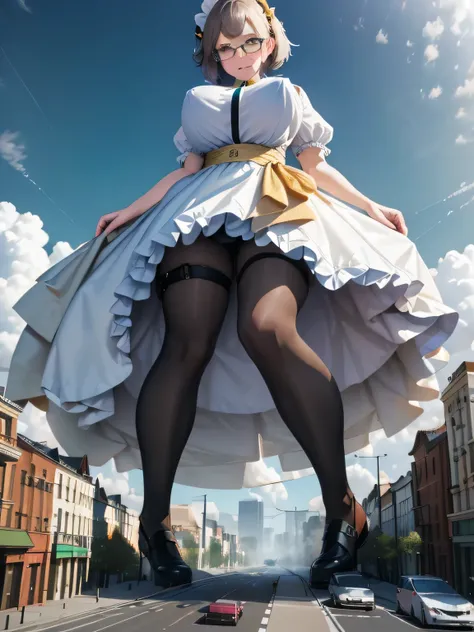 multiple girls, giantess art, highly detailed giantess shots, giantess, most detailed, perfect face, Two legs, Five fingers, short hair, A beautiful girl who is bigger than a skyscraper, Wearing rimless glasses, smile, huge breasts, Maid clothes, Black Pan...