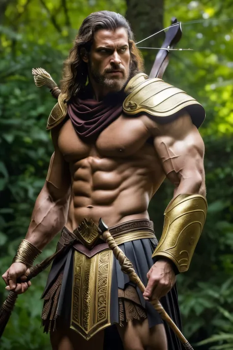 Herculean figure, clad in ancient Greek armor, stands with a posture of readiness, his bow slung over his shoulder and an arrow expertly nocked on the string. The intricate details of the muscular heros physique are artfully captured, showcasing his streng...