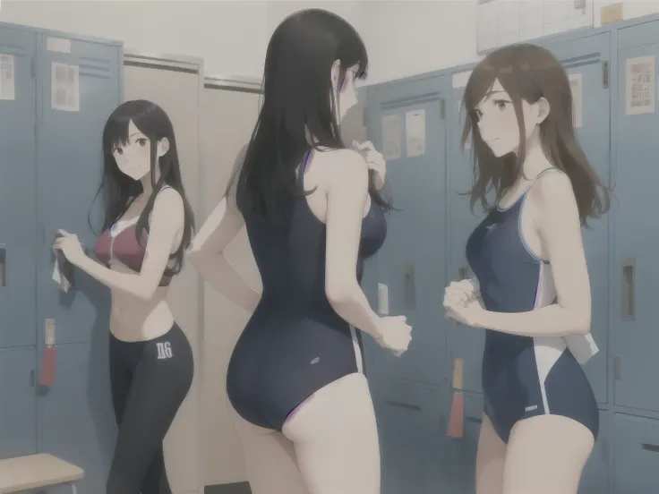 In a high school locker room，Several female high school students are changing into swimsuits