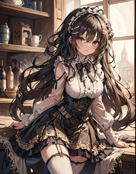 masterpiece, 1girl, sparrow, a black haired girl, wearing a victorian dress, curly long hair, messy hair, slim body, he close he...