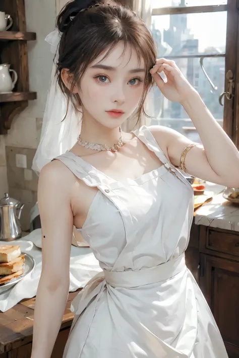 8k、Enchanting girl, Very detailed,Audrey Hepburn, Exquisite decorative details 、Stylish, high-end brand aprons、 Very intricate details 、 Realistic Light, Very intricate details 、 Realistic Light,apron,sidehow your armpits