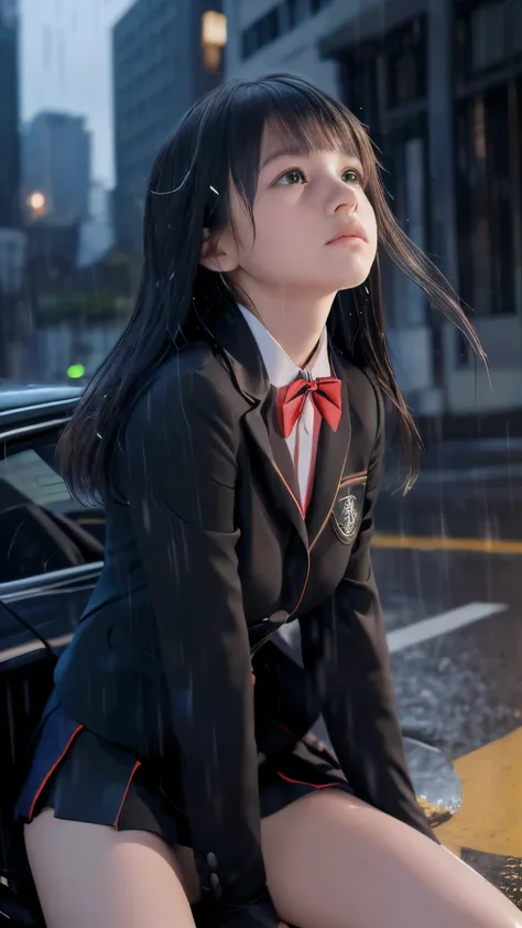 (Close up face shot of one slender small breasts two side up black medium hair bangs girl in long sleeves black school uniform:1.5)、(One girl is looking up the sky with crying face in the heavy rain midnight:1.5)、(Many car head lights are visible at skyscr...